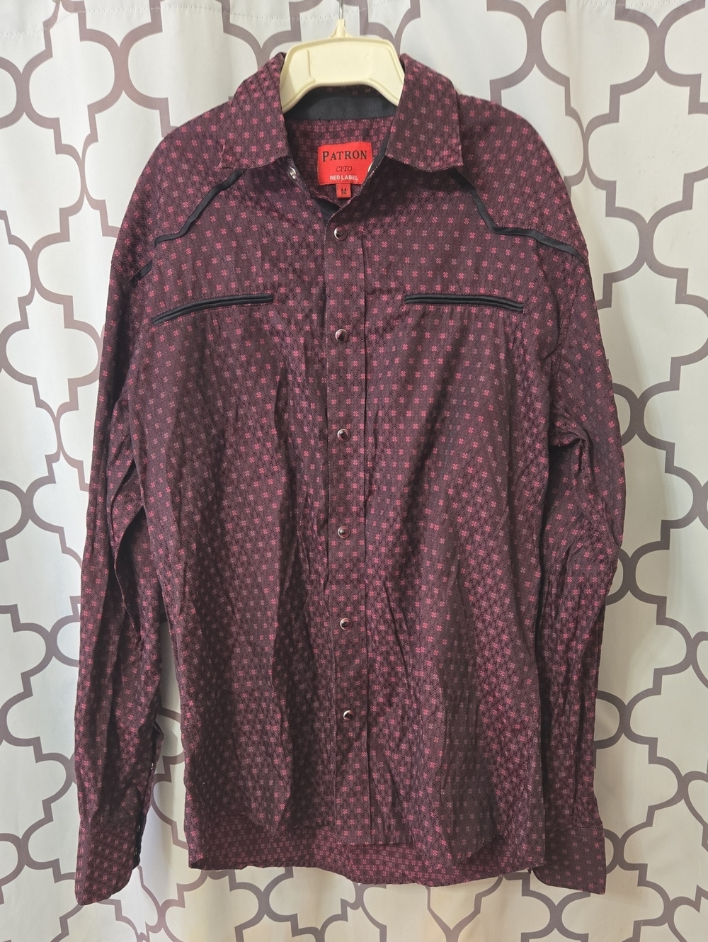 Men's Burgundy Patterned Casual Button-Down Shirt